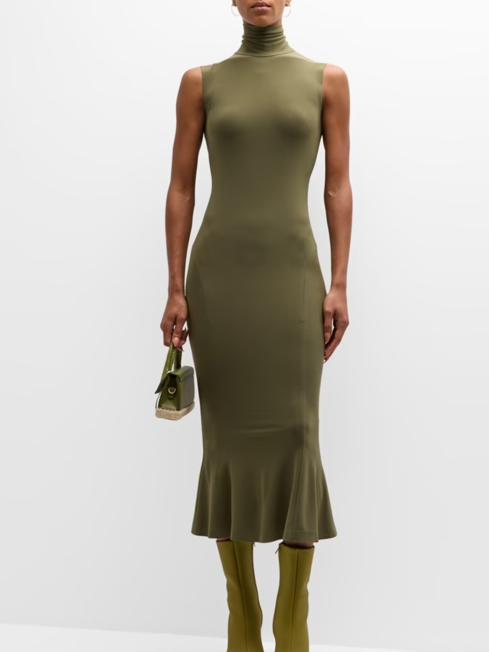 Norma Kamali Sleeveless Turtleneck Fishtail Midi Dress